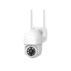 Biała obrotowa kamera zewnętrzna WiFi z antenami i smartfonem z aplikacją do monitoringu