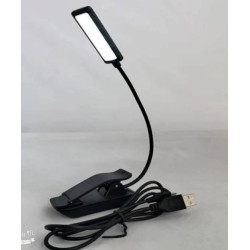 Czarna lampka LED z klipsem i elastycznym ramieniem, z kablem USB