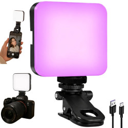 Czarna mini lampa LED RGB z klipsem i gwintem 1/4 cala, świecąca kolorowym światłem