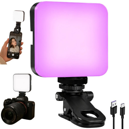 Czarna mini lampa LED RGB z klipsem i gwintem 1/4 cala, świecąca kolorowym światłem
