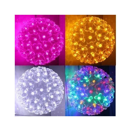 Niebieska kula świąteczna LED o średnicy 20 cm z 200 diodami LED i przezroczystymi kwiatowymi elementami
