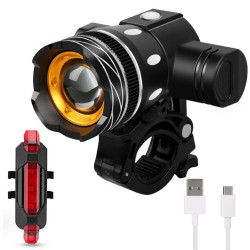 Przednia czarna lampka rowerowa z dużą soczewką oraz tylna lampka czerwonej barwy z kablem USB