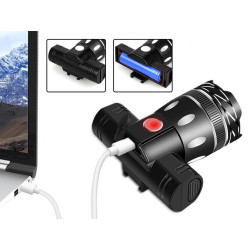 Przednia czarna lampka rowerowa z dużą soczewką oraz tylna lampka czerwonej barwy z kablem USB