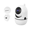 biała obrotowa kamera IP WiFi z anteną, przyciski instalacyjne i smartfon z aplikacją