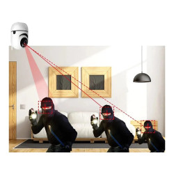 biała obrotowa kamera IP WiFi z anteną, przyciski instalacyjne i smartfon z aplikacją