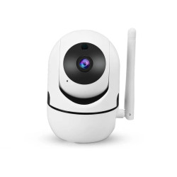 biała obrotowa kamera IP WiFi z anteną, przyciski instalacyjne i smartfon z aplikacją