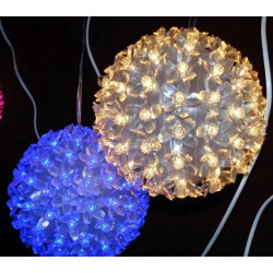 Niebieska kula świąteczna LED o średnicy 20 cm z 200 diodami LED i przezroczystymi kwiatowymi elementami