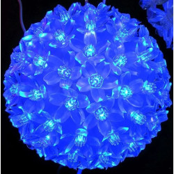 Niebieska kula świąteczna LED o średnicy 20 cm z 200 diodami LED i przezroczystymi kwiatowymi elementami