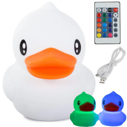 Lampka LED w kształcie białej kaczki z pomarańczowym dziobem, pilot i kabel USB