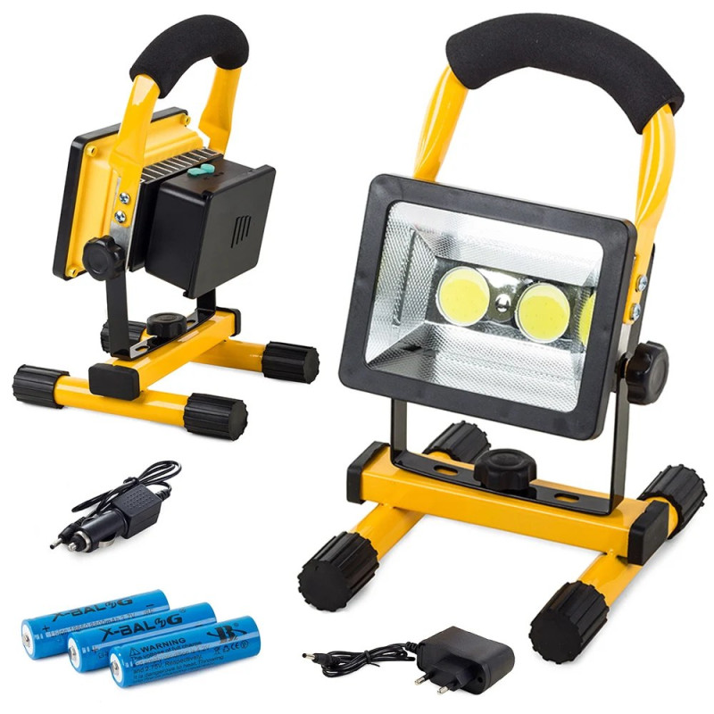 Przenośny halogen LED z dwiema diodami COB, żółta rama z uchwytem i akumulatory obok