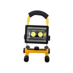 Przenośny halogen LED z dwiema diodami COB, żółta rama z uchwytem i akumulatory obok