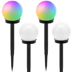 Zestaw czterech kulistych lamp ogrodowych RGB wbijanych w ziemię, dwie kolorowe i dwie białe