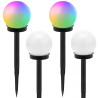 Zestaw czterech kulistych lamp ogrodowych RGB wbijanych w ziemię, dwie kolorowe i dwie białe