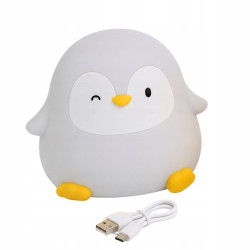 Biała lampka nocna w kształcie pingwina z żółtym dziobkiem i łapkami, kabel USB-C
