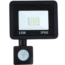 Czarny reflektor LED 10W z czujnikami ruchu i zmierzchu, widok z przodu