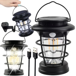 Czarna lampa solarna LED latarnia z uchwytem i kablem USB
