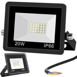 Czarny reflektor LED 20W o kompaktowych wymiarach z widocznym przewodem zasilającym i oznaczeniem IP66