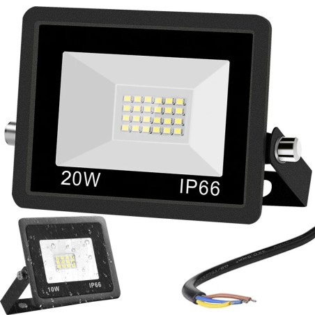 Czarny reflektor LED 20W o kompaktowych wymiarach z widocznym przewodem zasilającym i oznaczeniem IP66