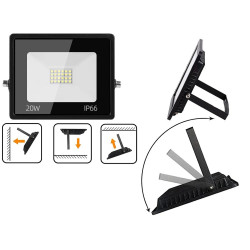 Czarny reflektor LED 20W o kompaktowych wymiarach z widocznym przewodem zasilającym i oznaczeniem IP66