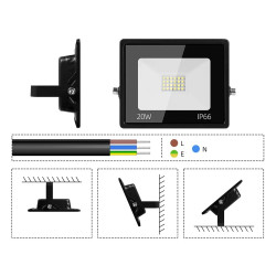 Czarny reflektor LED 20W o kompaktowych wymiarach z widocznym przewodem zasilającym i oznaczeniem IP66