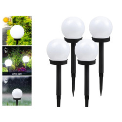 Zestaw 4 białych kulistych lamp solarnych na czarnych trzonkach do wbicia w ziemię