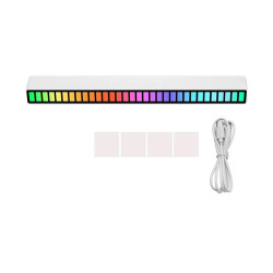 Biała listwa LED RGB z kolorowymi diodami, stojąca na podstawce z kablem USB-C
