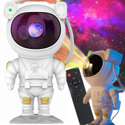 Biały projektor w kształcie astronauty wyświetlający kolorowy efekt nocnego nieba z pilotem