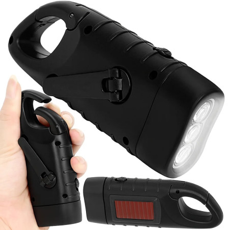 Czarna latarka ręczna z 3 diodami LED, panelem solarnym, klipsem i korbką do nakręcania