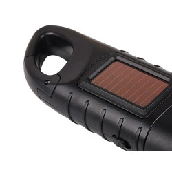 Czarna latarka ręczna z 3 diodami LED, panelem solarnym, klipsem i korbką do nakręcania