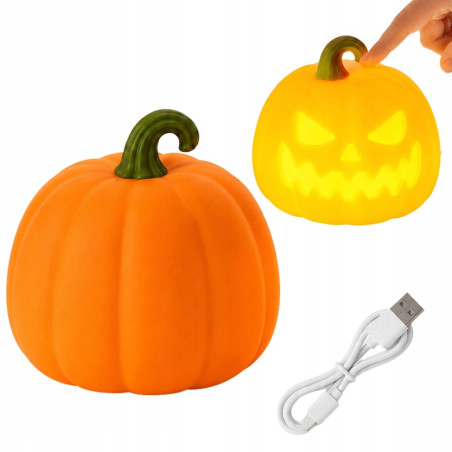 Pomarańczowa lampka LED w kształcie dyni z zieloną łodygą i przewodem USB-C