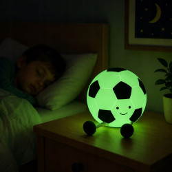 Lampka LED w kształcie piłki nożnej z uśmiechem i nóżkami, ładowana przez USB-C, pokazana w różnych kolorach światła