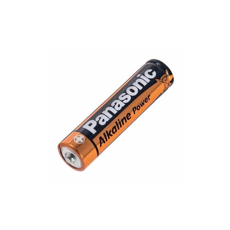 Bateria Panasonic Alkaline Power AAA w kolorze czarno-pomarańczowym oraz opakowanie z 4 sztukami baterii