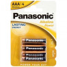 Bateria Panasonic Alkaline Power AAA w kolorze czarno-pomarańczowym oraz opakowanie z 4 sztukami baterii