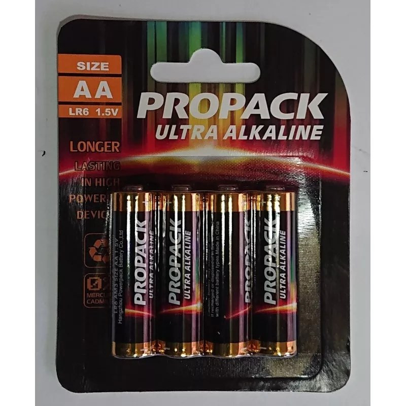 Cztery baterie alkaliczne R6 AA w opakowaniu blister, czarne z miedzianymi końcówkami