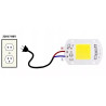 Moduł diody LED COB o mocy 50W z żółtym chipem i białą płytką, oznaczenia 230V na niebieskim tle