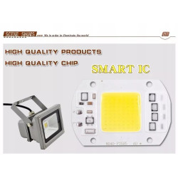 Moduł diody LED COB o mocy 50W z żółtym chipem i białą płytką, oznaczenia 230V na niebieskim tle