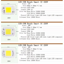 Moduł diody LED COB o mocy 50W z żółtym chipem i białą płytką, oznaczenia 230V na niebieskim tle