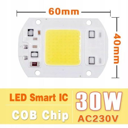 Biały moduł LED COB 30W o wymiarach 60x40 mm z żółtą powierzchnią świecącą i elementami elektronicznymi