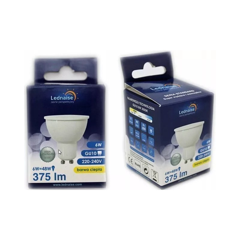 biała żarówka LED GU10 6W z matową obudową i metalowymi stykami