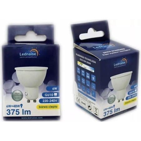 biała żarówka LED GU10 6W z matową obudową i metalowymi stykami