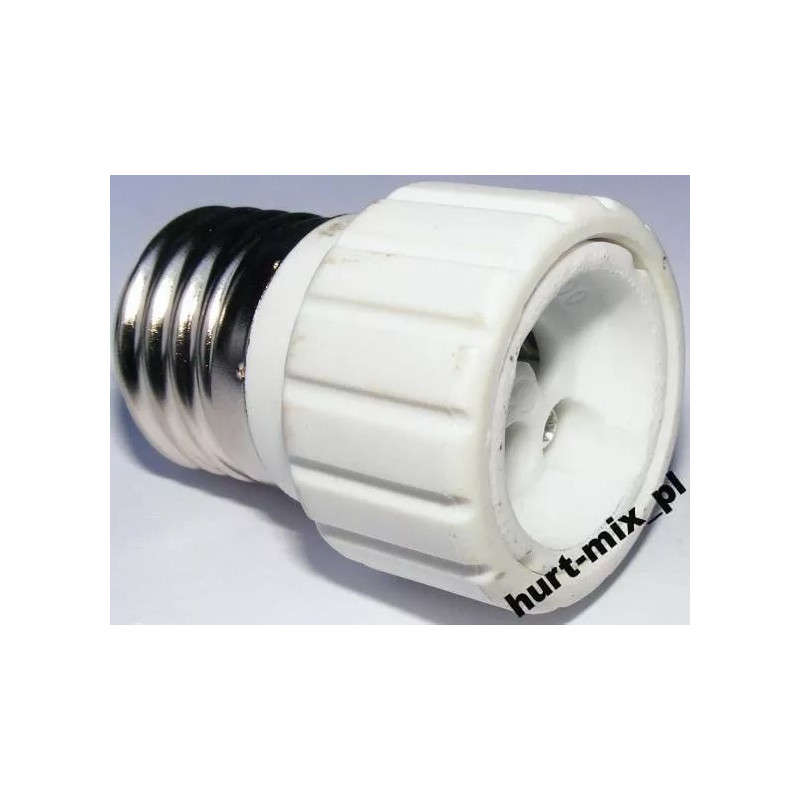biały plastikowy adapter do zamiany gwintu E27 na GU-10 z wyraźnymi żłobieniami