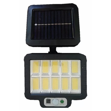 Czarna lampa solarna ścienna z panelem solarnym i pilotem, wyposażona w diody LED typu COB