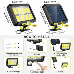 Czarna lampa solarna ścienna z panelem solarnym i pilotem, wyposażona w diody LED typu COB