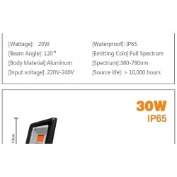 Czarny halogen LED 30 W o prostokątnym kształcie do upraw roślin na podstawce