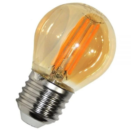 Żarówka LED z trzonkiem E27, bańka G45 w złotym odcieniu, widoczne cztery diody filamentowe COB