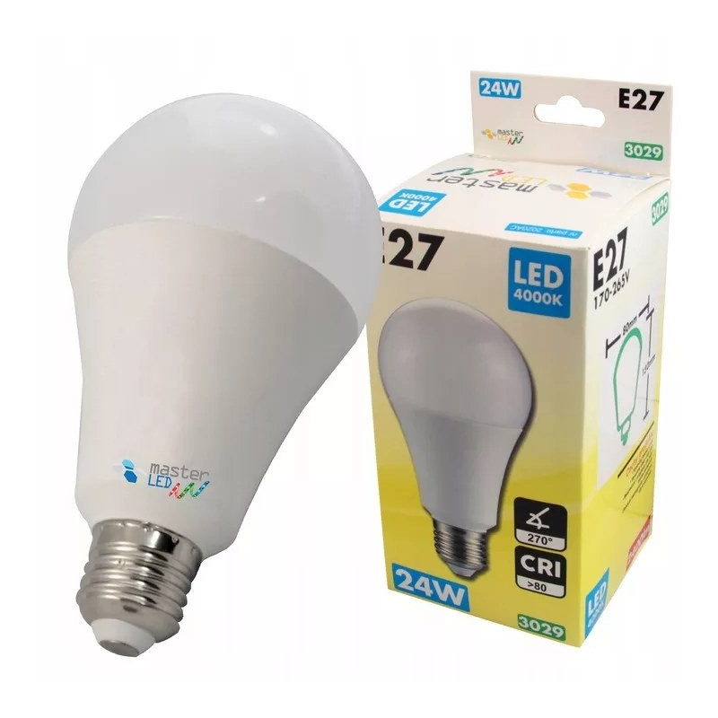 Żarówka LED 24W E27 o neutralnej barwie światła na białym tle obok opakowania