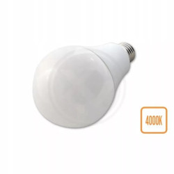 Żarówka LED 24W E27 o neutralnej barwie światła na białym tle obok opakowania