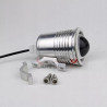 Czarny halogen motocyklowy LED U4 z pierścieniem i włącznikiem oraz elementami montażowymi na żółtym tle