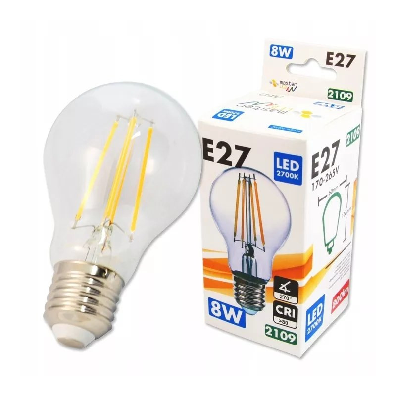 Przezroczysta żarówka LED filament z trzonkiem E27 obok opakowania