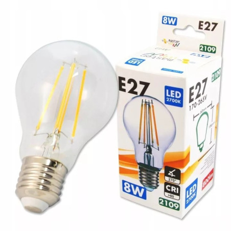 Przezroczysta żarówka LED filament z trzonkiem E27 obok opakowania